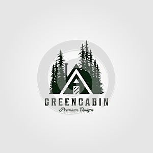 Green cabin vintage logo vector illustration design with pine tree symbol design