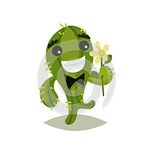 Green cactus with bow-tie and flower in hand. Funny succulent plant with happy face expression. Flat vector icon