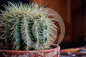 Green cactus with large needles in an old pot