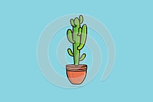 Green Cactus Plant In Vas vector illustration.