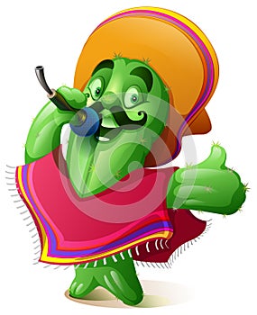 Green cactus in traditional mexican clothes poncho and sombrero singing karaoke. Cinco de mayo fiesta festival