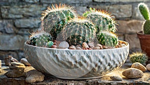 Green cactus in white ceramic pot on stone background. House plant. White brick wall