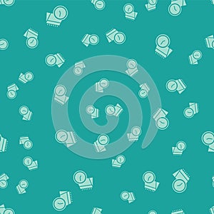 Green Calendar and clock icon isolated seamless pattern on green background. Schedule, appointment, organizer, timesheet
