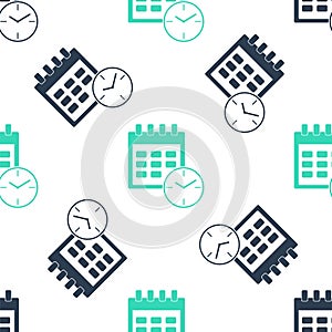 Green Calendar and clock icon isolated seamless pattern on white background. Schedule, appointment, organizer, timesheet