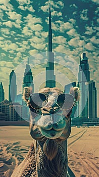 A green camel wearing sunglasses front facing, with Dubai skyline