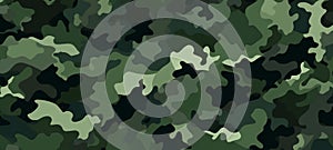 Green camo texture for stealth and concealment. Camouflage pattern with shades of green and black. Backdrop. Wide banner photo