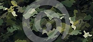 Green camo texture for stealth and concealment. Camouflage pattern with shades of green and black. Background. Wide