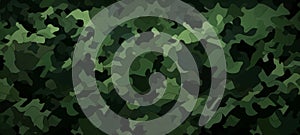 Green camo texture for stealth and concealment. Camouflage pattern with shades of green and black. Background. Wide photo
