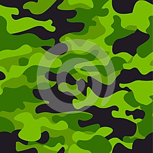 Green camouflage seamless pattern background. Classic clothing style masking camo repeat print. Green, lime, black olive colors fo
