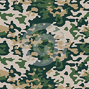 Green camouflage seamless pattern. Vector camo military background. Fabric textile print template.