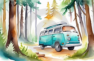 green camper van parked in forest. vacation in wild nature, watercolor illustration
