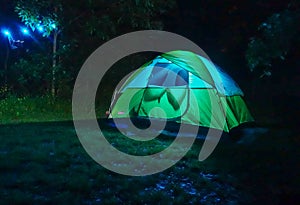 Green Camping tent at night