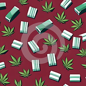 Green Cannabis Leaves and Stacks of Nondescript Paper Money