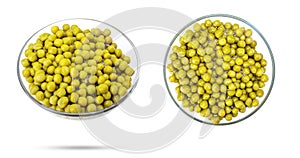 Green canned peas in a glass bowl isolated on a white background