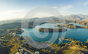 Green Canyon nature reserve in Turkey. Drone view of the magnificent Green lake Manavgat surrounded by mountain cliffs