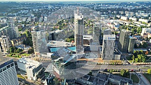 Green capital Vilnius of Lithuania. Urbanistic. Modern area. Day Aerial video