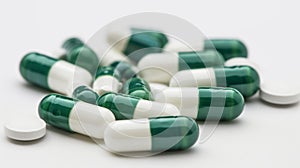 Green Capsules and White Pills Close-Up