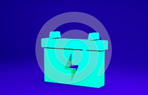 Green Car battery icon isolated on blue background. Accumulator battery energy power and electricity accumulator battery