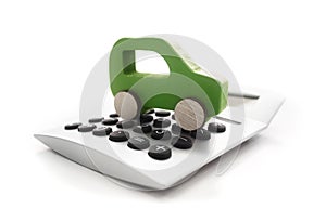 Green car on calculator concept for electric vehicle buying, renting, fuel or service and repair costs