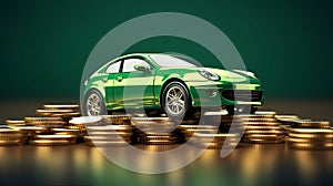 Green car with coins, auto tax and financing, car insurance and car loans, concept of savings money on car purchase