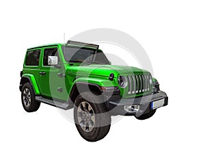 Green car Jeep Wrangler Rubicon isoltad on white