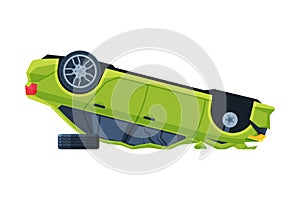 Green Car Lying on its Roof after Crash, Auto Accident Flat Vector Illustration