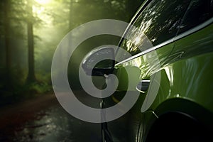 Green car in misty dark forest with side view of left rear wing, door, and mirror, close-up