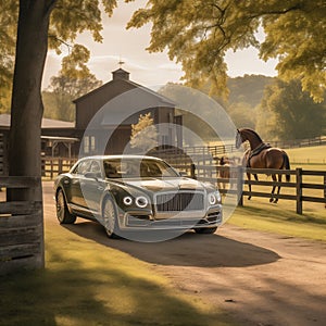 a green car parked in front of a horse grazing field