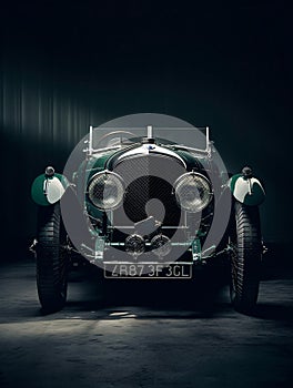 A green car sitting on top of a black floor a portrait photorealism speedster. AI generated