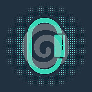 Green Carabiner icon isolated on blue background. Extreme sport. Sport equipment. Abstract circle random dots. Vector