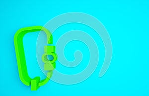 Green Carabiner icon isolated on blue background. Extreme sport. Sport equipment. Minimalism concept. 3d illustration 3D