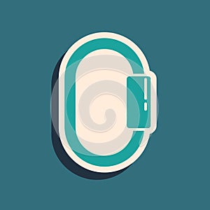 Green Carabiner icon isolated on green background. Extreme sport. Sport equipment. Long shadow style. Vector