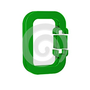 Green Carabiner icon isolated on transparent background. Extreme sport. Sport equipment.