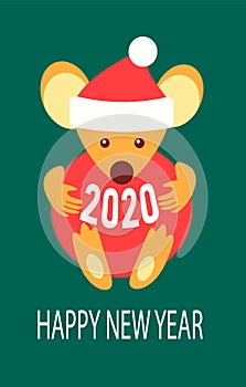 Green card Happy New year. Chinese symbol rat zodiac sign. Cute white mouse in a santa hat hugs holds a Christmas tree red ball.