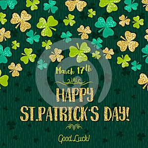 Green card for Patricks day with golden shamrock, vector