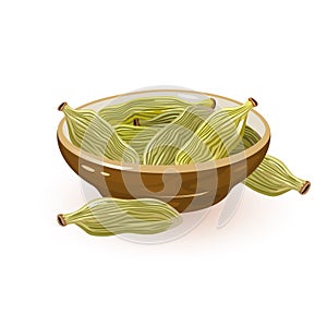 Green cardamom or cardamon pods are in ceramic bowl and near it. Spice.