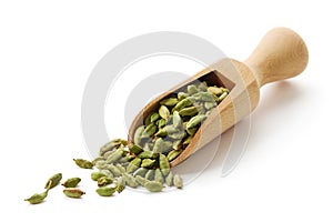 Green cardamom pods in wooden scoop