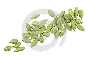 Green cardamom seeds isolated on white background, top view. Cardamom pods