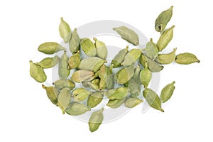 Green cardamom seeds isolated on white background. Top view. lay flat