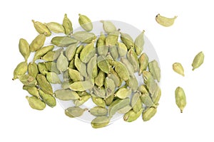Green cardamom seeds isolated on white background. Top view. lay flat