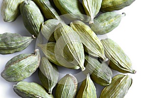 Green cardamom seeds on white background. Top view. Close-up