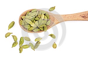 Green cardamom seeds in wooden spoon isolated on white background. Top view. lay flat