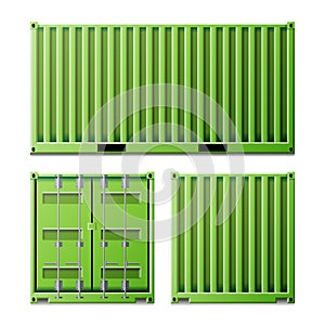 Green Cargo Container Vector. Freight Shipping Container Concept. Logistics, Transportation Mock Up. Front And Back