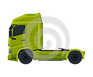 Green Cargo Truck, Modern Heavy Delivering Vehicle, Side View Flat Vector Illustration on White Background