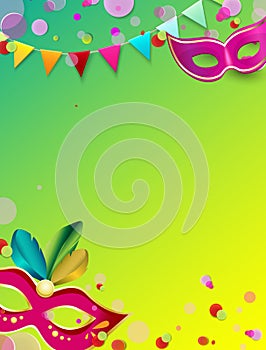 Green carnival background with color masks and confetti.