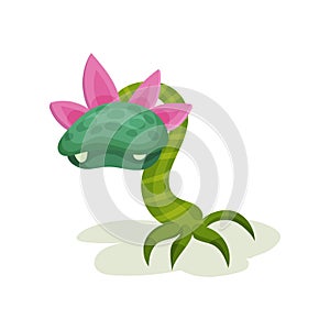 Green carnivore plant with fangs, fantastic killer flower vector Illustration on a white background