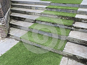 green carpet of grass laying on a grey staircase