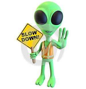 Green Cartoon Alien Construction worker holding a slow sign