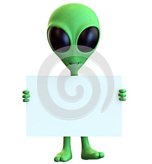 Green Cartoon Alien Holding Blank Sign