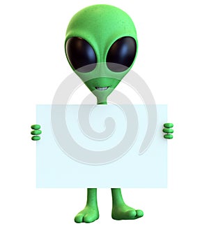 Green Cartoon Alien Holding Blank Sign photo